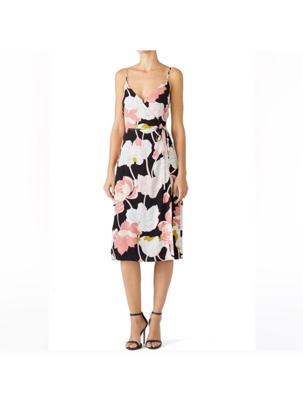 Floral Wrap Midi Dress in Black and Pink - Picture 1 of 3